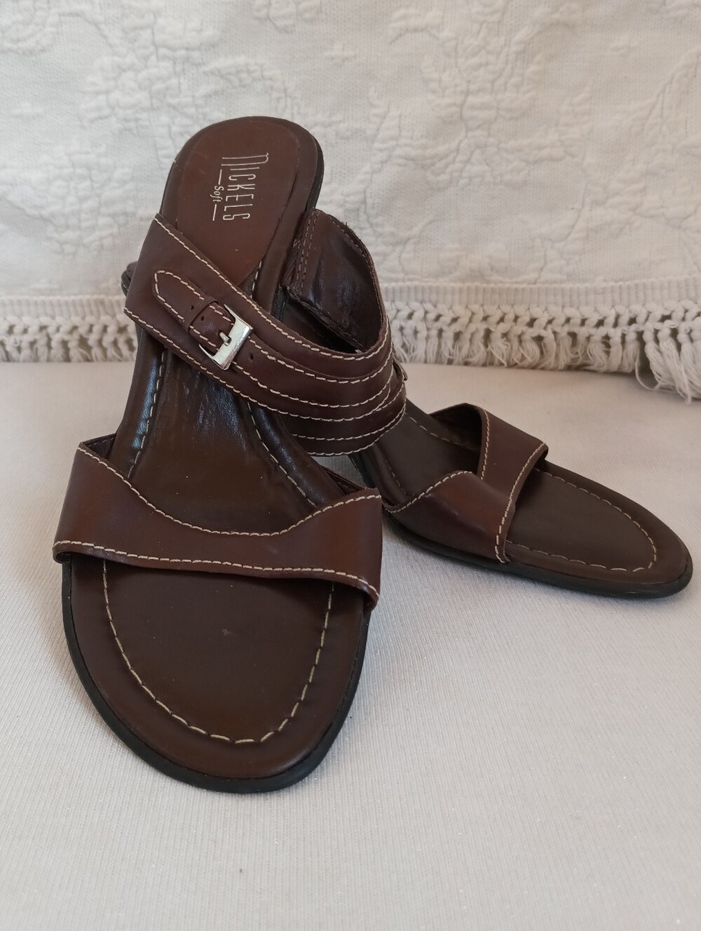 Nickels Brown Leather Open Toe Mid Heel Sandal Heels - Picture 2 of 9